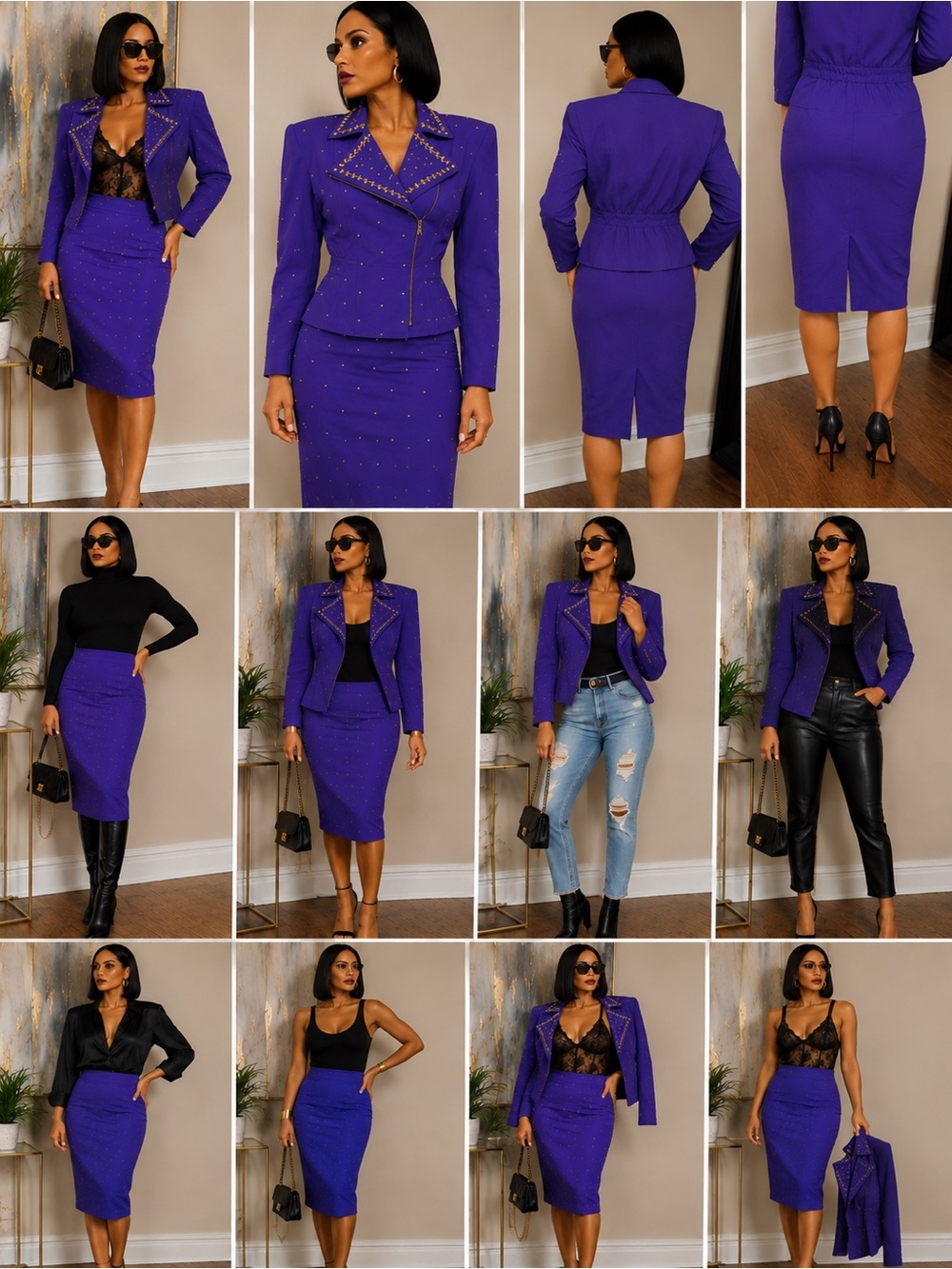 Vintage Mesmerize Scott Zane Purple Studded Skirt Set M Made USA